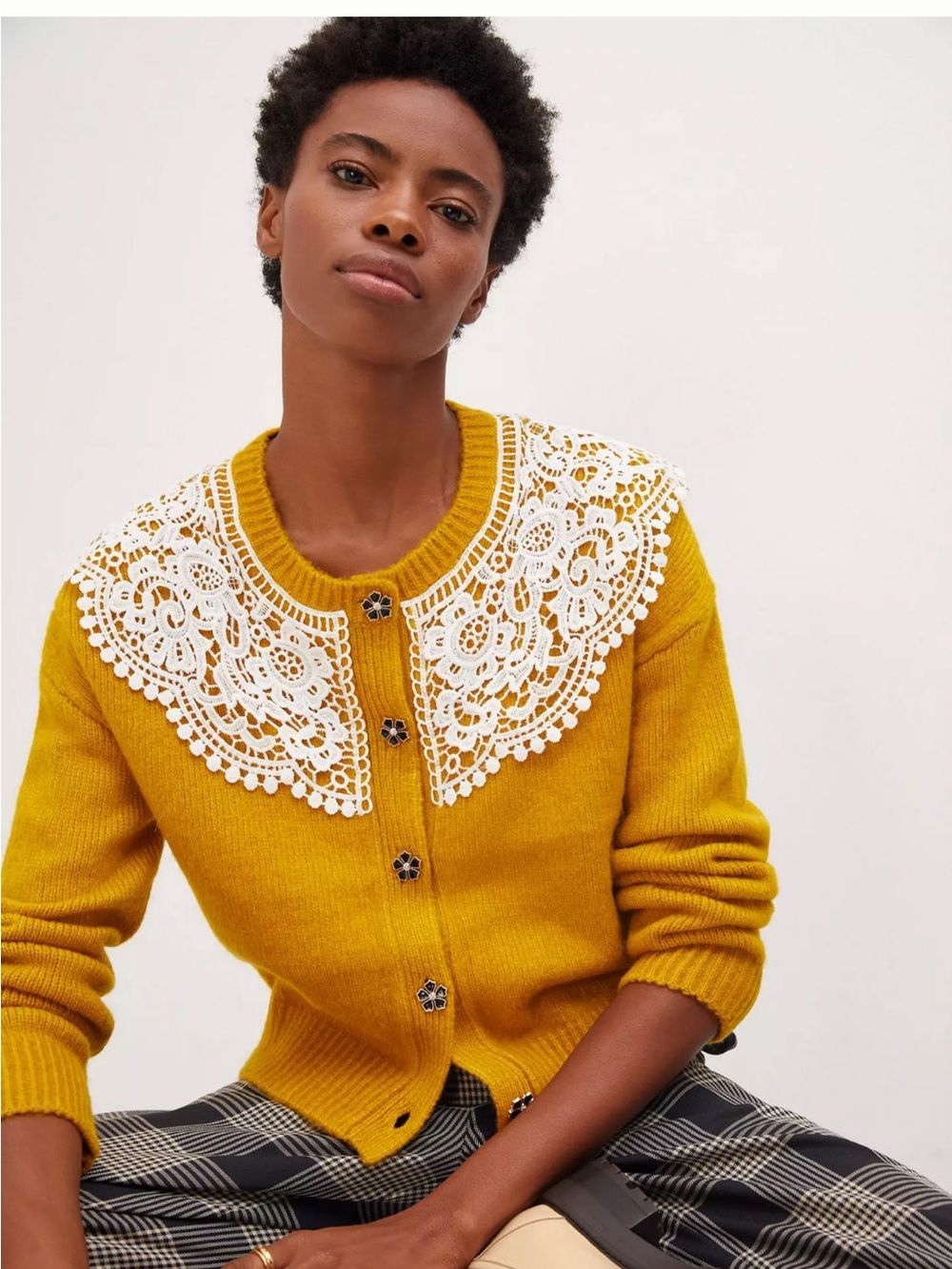 Anthropologie Mustard Yellow Lace-Collar Cardigan